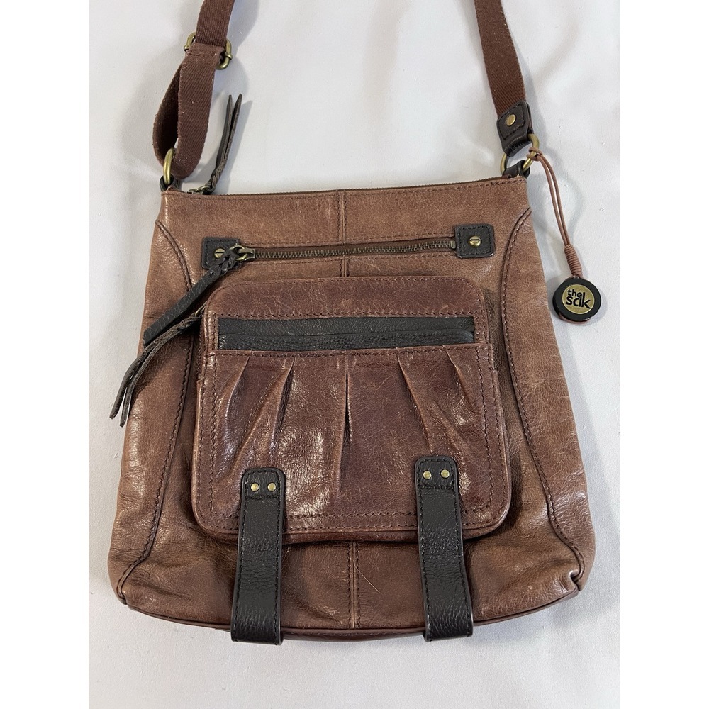 The sak brown leather shoulder bag purse zipper pockets crossbody